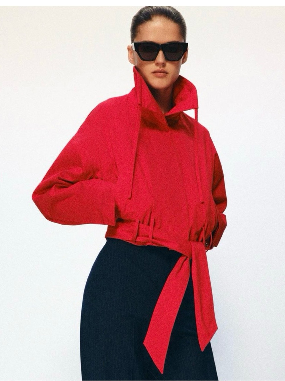 Women's Red Cropped Tie-Waist Bomber Jacket Zara